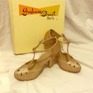 Graham Street Vintage style gold sparkle heels